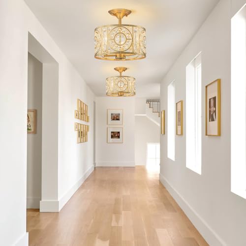 Image of Semi Flush Mount Chandelier for Dining Room, 3-Lights Vintage Crystal Round Chandelier, Gold Retro Semi-Flush Mount Ceiling Lights Fixture for Living Room Bedroom Kitchen Hallway Foyer