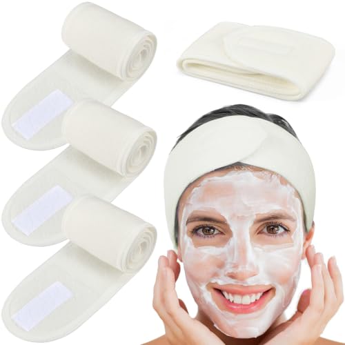Whaline 4Pcs Spa Facial Headbands Make Up Wrap Head Terry Cloth Headband Soft Adjustable Towel Band for Face Washing Shower Facial Cover Yoga (Beige)