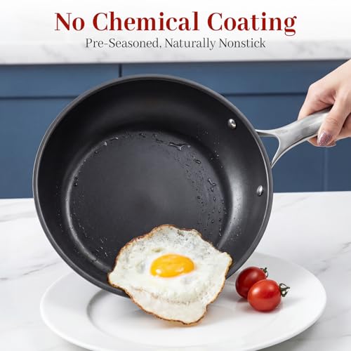 Image of Tri-Ply Clad Nitrided Carbon Steel Frying Pan, 9.5 Inch | Pre-seasoned surface, lightweight design, enhanced rust resistance, easy food release, induction compatible