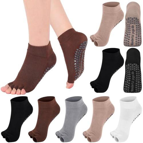Jeyiour 5 Pairs Toeless Yoga Socks with Grips Non Slip Pilates Yoga Open Toe Pedicure Split Toe Socks for Women