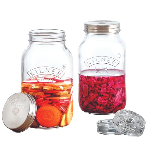 KILNER Set de fermentación / 2 tarros de 1 litro con tapa de fermentación/fácil conservación de verduras/Set de iniciación de fermentación/Conservación de verduras, como chucrut y kimchi/tarro