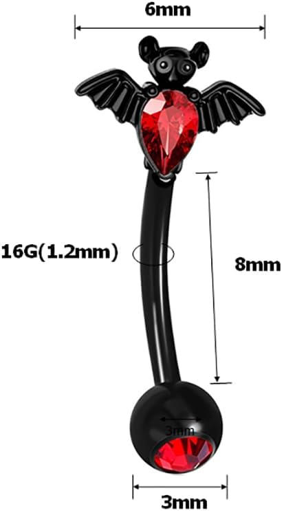 16G Black Bat Eyebrow Ring for Women Men Stainless Steel Red CZ Bats Eyebrow Studs Barbell Rook Helix Cartilage Earrings Halloween Body Piercing Jewelry - Image 6