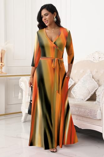 Image of FANDEE Plus Size Maxi Dress for Women Casual Summer Sundress V-Neck 3 /4 Sleeve