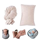 Coberllus Newborn Photography Props Blanket Stretch Knitted Twist Wrap & Posing Pillow Prop for Baby Boys Girls Photo Shoot Set (Beige)