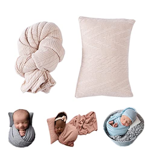Coberllus Newborn Photography Props Blanket Stretch Knitted Twist Wrap & Posing Pad Prop for Baby Boys Girls Photo Shoot Set (Beige)