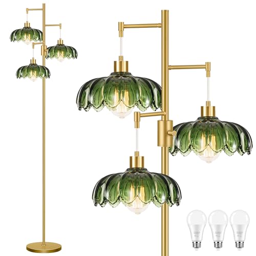 Image of Dimmable Floor Lamps for Living Room Bedroom-3 Light Gold Floor Lamp with Glass Lampshape, Flower Tall Lamp Mid Century Modern Standing Lamp Glass Tree Floor Lamps for Living Room Bedroom,Corner