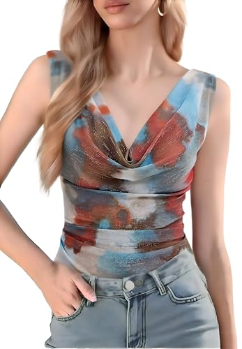 GERT COREL Women's Cowl Neck Sleeveless Top 2026 Sleeveless Ruched Floral Printed Shirts Summer Tank Tops (US, Alpha, Large, Regular, Regular, Orange/Blue)