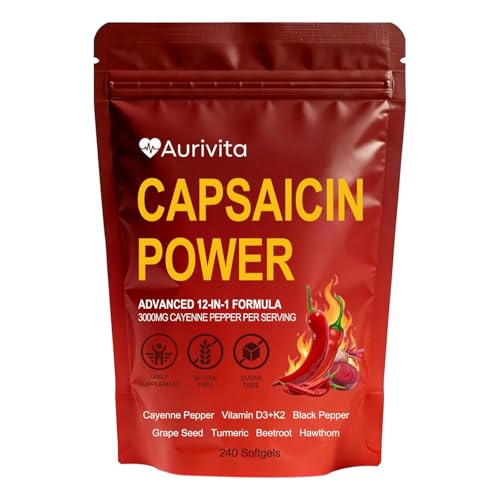 bvzvo Aurivita Capsaicin Power - Cayenne Pepper Softgels with Vitamin D3+K2 Beetroot & Grape Seed Extract Supports Digestive Health 240 Softgels