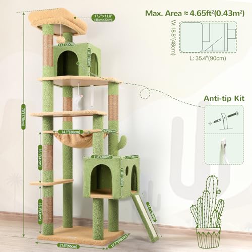 Image of Globlazer Large Cactus Cat Tree Tower, 70in Tall Heavy Duty Green Cat Tree for Indoor Cats Sturdy Cat Tower with Scratching Post and Board, Hammock, Cat Condos for Adult Cats Kittens, F70 Pro, Green