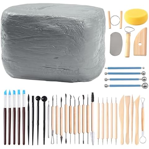ReArt Natural Air-Dry Modeling Clay - 10LBs with 40 Pcs Pottery Sculpting Tool Set, All-Purpose Clay (Gray) Cover