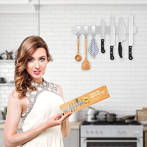 حامل سكاكين مغناطيسي للجدار مع 3 خطافات، شريط سكين مغناطيسي 40 سم، مغناطيس سكين مطبخ قوي من الستانلس ستيل، قضيب سكين مغناطيسي لاصق لأدوات المطبخ