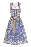 Edelheiss Midi Dirndl 65er Silber blau geblümt Taupe mit Paillettenschürze Mona 006279, elegant schimmerndes Dirndl, Blumenmuster, extravagante Miederschnürung, abnehmbares Charivari 34