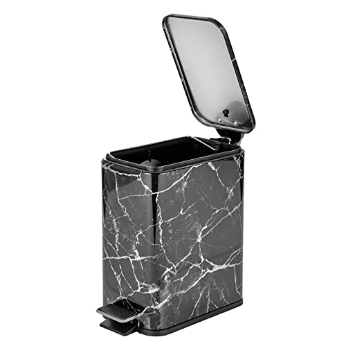 mDesign Slim Metal Rectangle 1.3 Gallon/5 Liter Trash Can with Step Pedal, Easy-Close Lid, Removable Liner - Narrow Wastebasket Garbage Container Bin for Bathroom, Bedroom, Kitchen - Black Marble