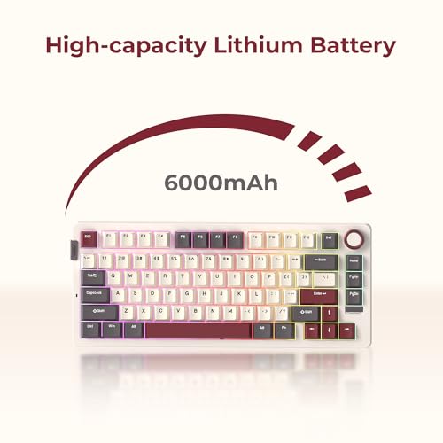 Image of Rosewill Neon S75 Wireless Mechanical Gaming Keyboard, 80-Key Layout w /Volume Knob, Bluetooth / 2.4GHz / USB-C, Hot-Swappable Red Switches, RGB Backlit, 6000mAh Battery, Windows & macOS, White