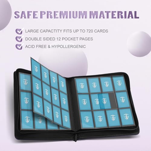 Image of 12 Pockets Trading Card Zipper Binder for 720 Cards| Secure Side Loading Pockets | Trading Card Album Folder | Compatible with YuGiOh, MTG,Sports Cards (Purple 12)