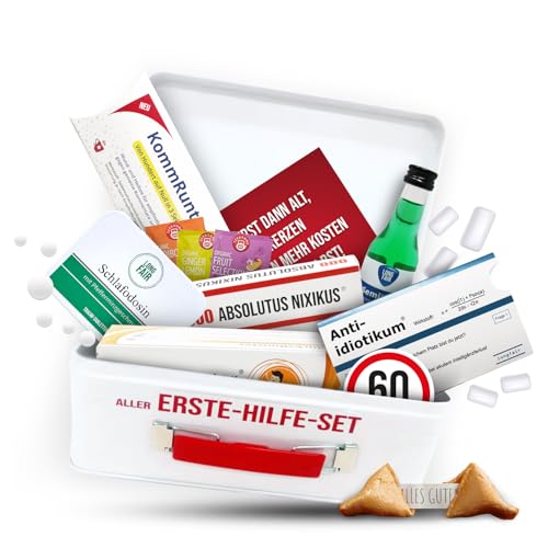 Longfair 60. Geburtstag | Erste Hilfe Set Geschenk-Box, witziger Sanikasten | 8-teilig | Spaßgeschenk zum 60. Geburtstag