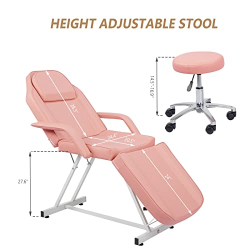 Omysalon Massage Salon Tattoo Chair Esthetician Bed With Upgraded Hydraulic Stool,Multi-Purpose 3-Section Facial Bed Table, Adjustable Beauty Barber Spa Beauty Equipment, Pink #TOP5