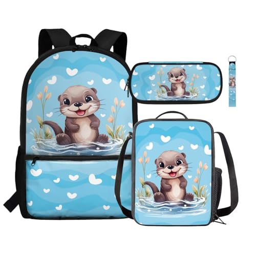 Zaino per bambini borsa termica per il pranzo portapenne astuccio da polso con cordino e portachiavi set 4 in 1 per il rientro a scuola Otter Taglia unica Zaini Daypack