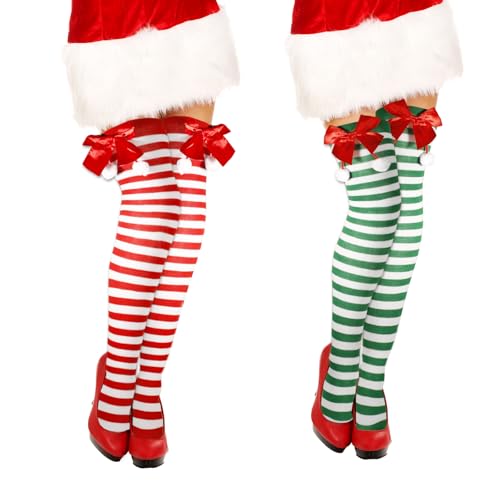 Bliceon Christmas Thigh High Socks, Striped Knee High Socks, Long Over Knee Stockings with Bow for Women Girls Christmas Party