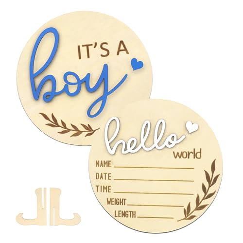 AINBIN Hello World Newborn Sign Boy Gender Reveal Birth Announcement Sign 2PCS Its a Boy and Hello World baby Welcome Board Wooden Name Announcement Plaque for Photo Props Baby Shower Hospital Nursery
