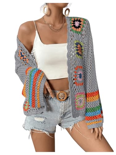 Image of SHENHE Women's Floral Crochet Cardigan Hollow Out Open Front Long Sleeve Cardigan Sweater