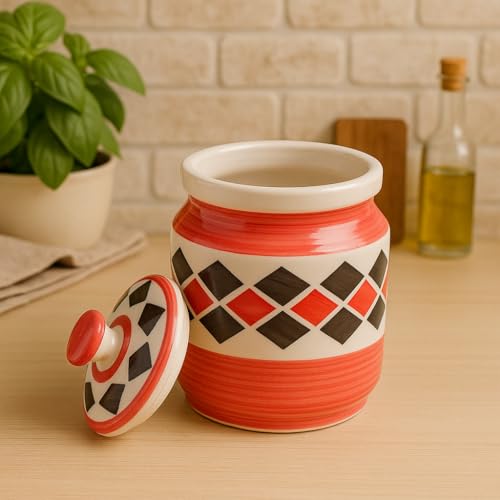 Image of Ceramic Jars (1000 ML) - Handcrafted Multipurpose Barni with Lid for Pickle, Chutney, Spices, Salt, Sugar - Kitchen Storage Containers, Red Brick