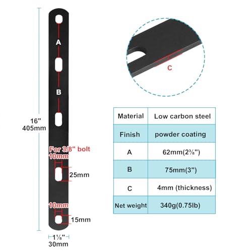 eoere 6 PCS 16" Mending Plate Straps, Flat Straight Brace Bracket, Slotted Hole for 3/8" Bolt, Heavy Duty 8 Gauge by eoere - Image 2