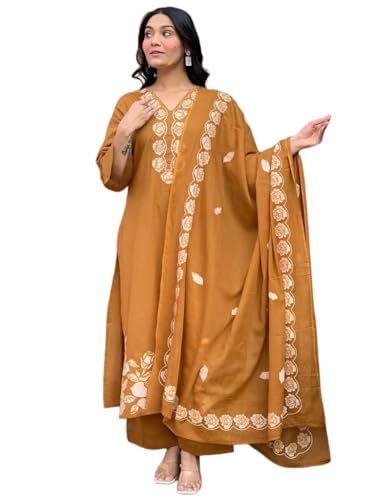Image of ANNI Designer Women Embroidered Straight Kurta Palazzo Dupatta Set Rayon Viscose Kurti Pant Set Ladies Ethnic Wear for Office Festive Daily Use