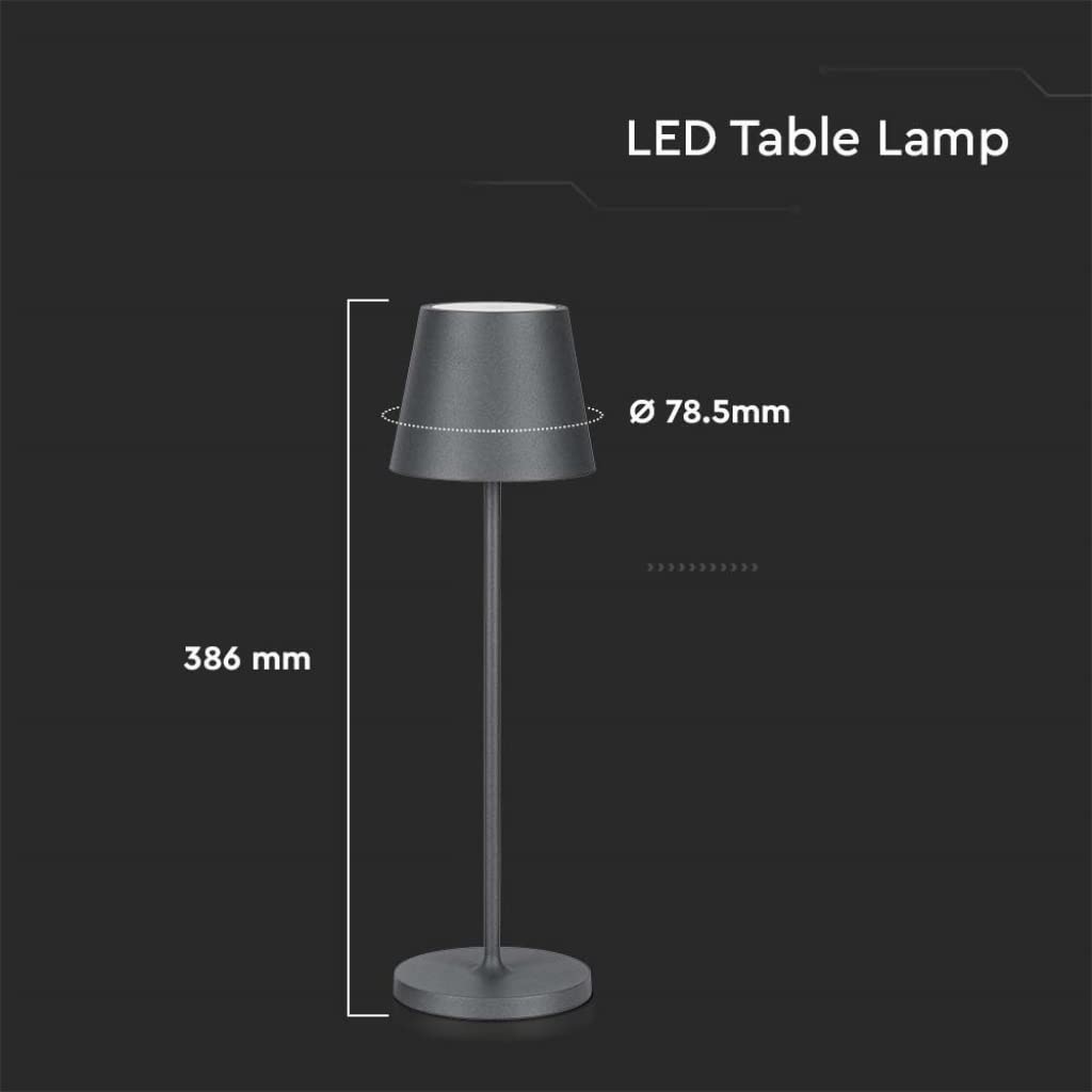 V-TAC Lampada da Tavolo senza Fili LED Dimmerabile in Alluminio – Lampada Grigia Wireless per Uso Interno ed Esterno IP54 da Casa o Ristorante – Design Elegante – Luce Bianca Calda