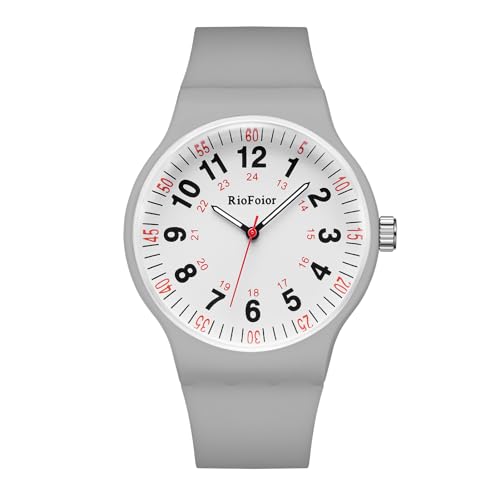 RioFoior Waterproof Analog Nurse Watch for Nurses,Students,Medical Professionals,Women,Men with Easy to Read Military Time Dials,Second Hand,Soft Breathable Gray Silicone Strap.
