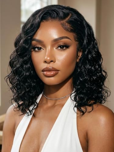 Image of Sunber Put On and Go Water Wave Bob Wig Human Hair No Slip Glueless Wig with Invisible Drawstring 220% Density Pre Cut HD Lace Front Wig Pre Plucked Bye Bye Knots Short Wet and Wavy Bob Wig 10inch