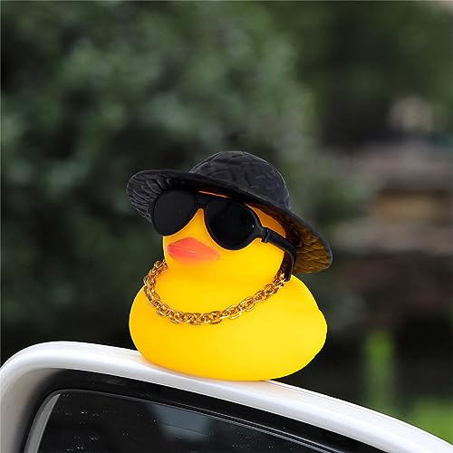 Image of wonuu Car Rubber Duck, Yellow Duck Decoration Dashboard with Sun Hat Swim Ring Necklace Sunglasses for Car Dashboard Decorations, Black Sun Hat-Transparent