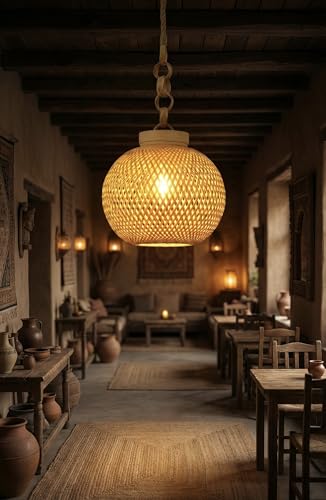 Image of Handmade Bamboo Hanging Lamp Shade | Natural Boho Pendant Ceiling Light | Eco-Friendly Bamboo Home Decor Lighting for Living Room, Bedroom, Cafe, Restaurant & Hotel And Office