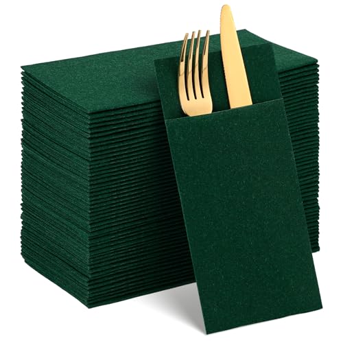 60 Pcs Dark Green Linen-Feel Paper Napkins with Built-in Flatware Pocket Masters Golf Party Decorations Pocket Linen Napkin Prefolded Cloth Like Paper for Silverware Birthday Reception Wedding Party