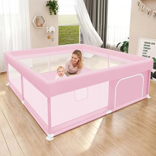 Image of Hiaksedt Large Baby Playpen 50"x50" Baby Girl Play Pen for Babies and Toddlers, Safe Structure and Soft, Skin-Friendly Fabric with Zipper Gates Pink