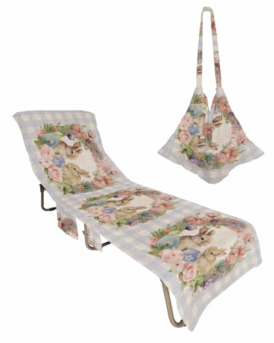 Easter Bunny Beach Chair Towel Covers for Chaise Lounge with Side Pocket, Soft Plush Pool Towels Cover for Patio Sunbathing Outdoor 29''x85'' Watercolor Flower Eggs Retro Buffalo Plaid