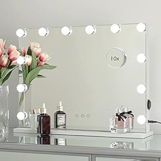 OUO Lighted Vanity Mirror, Hollywood Makeup Mirror, Smart Control Mirror with 12 Dimmable Bulbs, Tabletop Beauty Mirrors with USB Outlet, 3 Color Lighting Modes, White (H17.3 X L22.8 Inch)