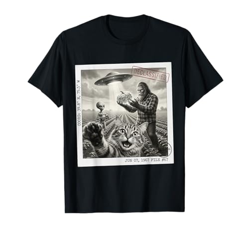 Gatto Divertente Selfie UFO Alieno Bigfoot Autunno Autunno Maglietta