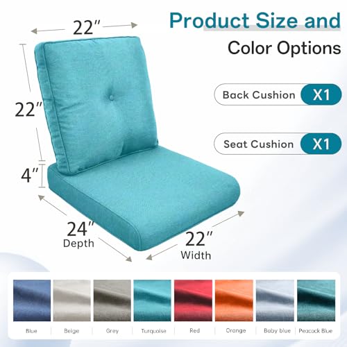 Image of Luxury 4 inch Thick Outdoor Cushion Set of 4 - 22x24 Patio Furniture Cushions with 28D High-Density Foam, Water-Resistant & Fade-Resistant Fabric, Removable Covers for Patio Furniture Sofa - Turquoise
