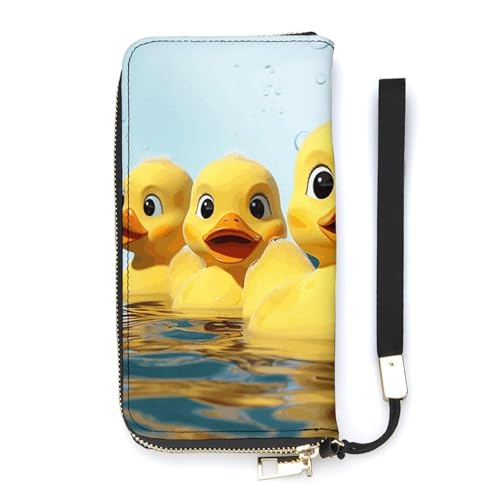 Cute Yellow Rubber Ducky Ladies' Leather Wallet With Hand Strap Slim Vertical Purse Wallets Card Case Long Zip Around Long Wallet Credit Cards Holder Phone Clutch