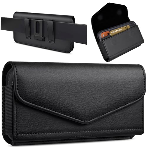COANJIUO Leather Cell Phone Holster with Card Holder and Belt Clip Protective Case for Samsung Galaxy Ultra S26 S25 S24 S23 S22 S21 S20 A17 A16 A15 A14 A13, Motorola G Stylus 5G, XL-Black