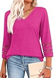 Ladies Tops and Blouses 3/4 Length Sleeve V Neck Tshirts Shirts for Women Loose Fit Hot Pink XL