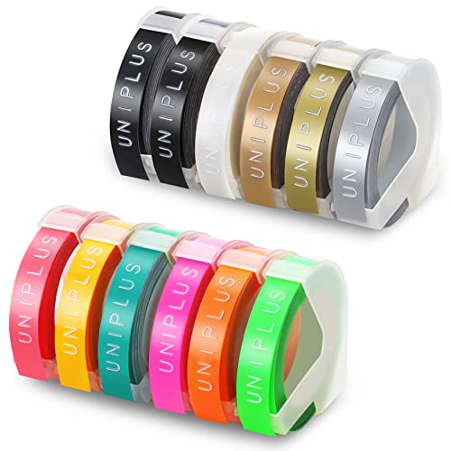 12x UniPlus Kompatibles für Omega Etikettenband Ersatz für Prägebänder S0717930 S0717900 Selbstklebendes 3D Etikettenband für Omega Junior Motex E-101 E-303 Etikettendrucker, 9mm x 3m