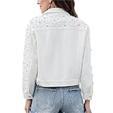 Women Beaded Pearl Denim Bomber Jacket Rhinestones Diamonds Cowboy Crystal Top