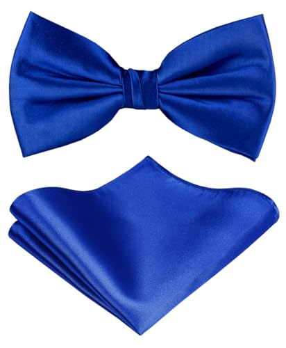 TIE G Solid Color Pre-tied Bow Tie and Pocket Square Sets in Gift Box (Royal Blue)