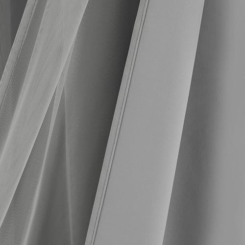 Image of Bujasso Grey 90% Blackout Curtains with Sheer Overlay Mix and Match Double Layer Window Curtains Thermal Insulated 95 inch for Living Room Bedroom Gray Drapes with Tiebacks Grommet Top 37 inch Wx95 Lx2