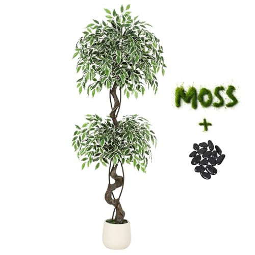 5ft Artificial Ficus Tree, Tall Fake Plants Indoor with White Planter & Pebbles, Realistic Variegated Silk Faux Tree with Natural Wood Trunk, Floor Plant for Living Room Corner, Home Office Decor - image 7
