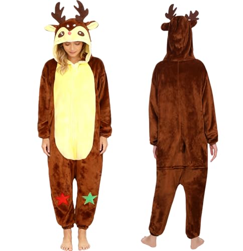 HarnyLoom Christmas Onesie Pajamas for Women, Santa Claus, Elf, Snowman, Elk Pajamas Christmas Hoodie Costume for Women Adults Cozy Onesie Fluffy PJS (UK, Alpha, M, Regular, Regular, Elk)