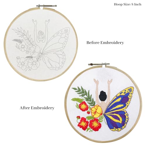 Image of picknMAKE Cross Stitch Embroidery Kit For Beginners & Adult, Featuring a Lady With Flower & Butterfly Wings, Printed Fabric, Instructions Papers, Threads & Needles All Materials Included,Multicolor