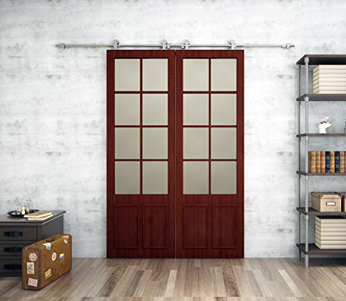 DIYHD 10ft Stainless Steel Top Mount Bi-Parting Double Sliding Barn Closet Wood Cabinet Door Track Hardware Kit to Hangl 2 Doors